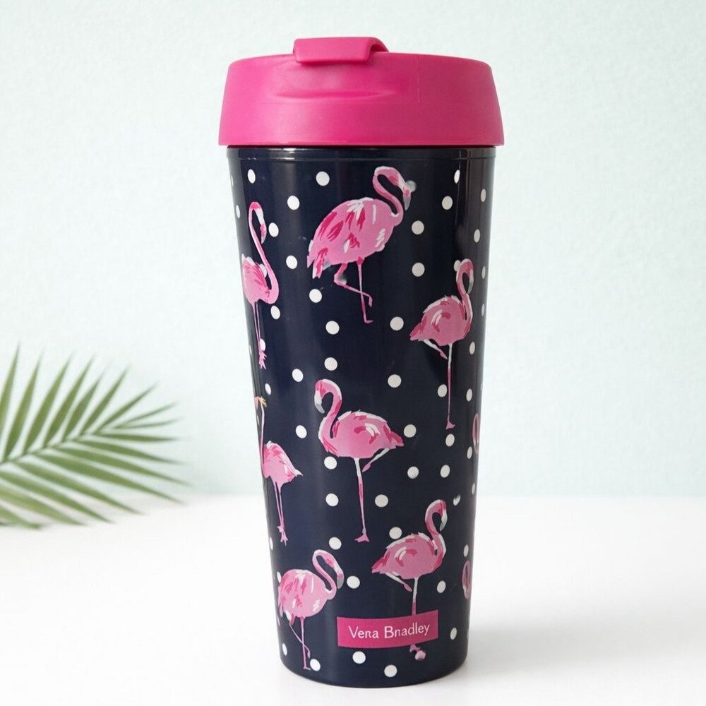 Vera Bradley Flamingo Travel Mug Pink Black Polka Dot Insulated Coffee Cup